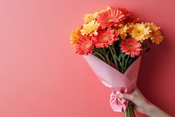 A hand holding a pink paper cone with flowers inside, on a solid background