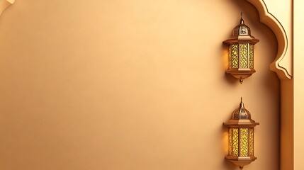 Obraz premium Two Illuminated Islamic Lanterns on a Golden Wall