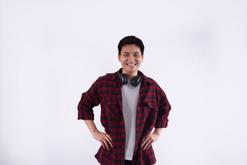 Portrait of young man Asian is posing on white background