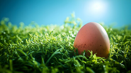 Egg placed delicately on a bed of lush green grass with a bright blue sky above