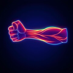 Abstract muscular arm icon with glowing lines, symbolizing strength and fitness.