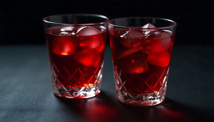Elegant Crystal Glasses with Deep Red Cocktail on Dark Background, Champagne glasses., Exotic space cocktail, created with generative ai