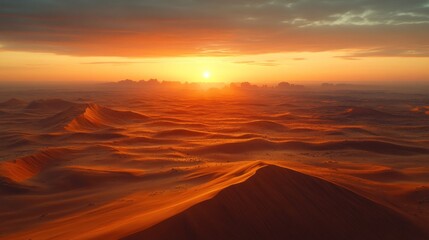 Naklejka premium Desert sunrise aerial view, dunes, sun, landscape, travel