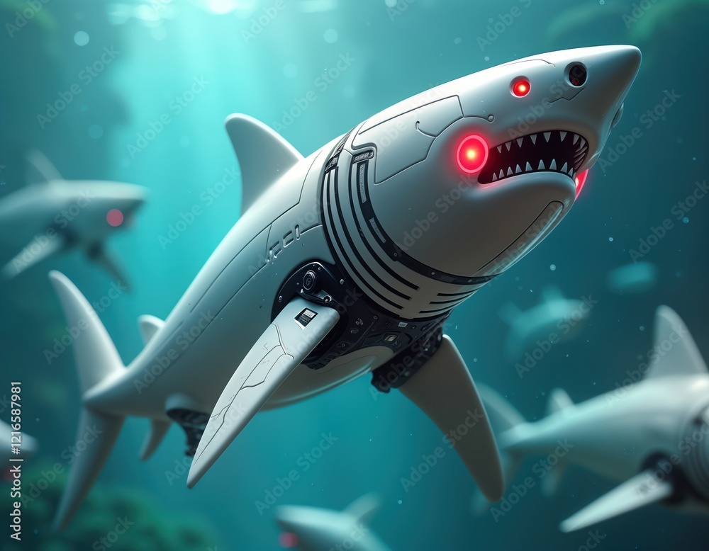 Poster futuristic white robot shark with glowing red eyes swims in blue-green underwater environment. mecha