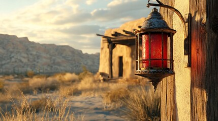 Rusty lantern, desert sunset, adobe hut, mountains in background
