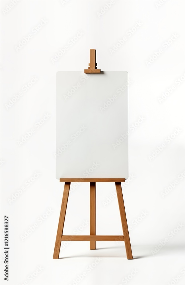 Poster Empty wooden easel with blank white canvas. Simple design for various uses. Suitable for advertising design presentations. Mockup perfect for marketing materials business use. Versatile display for