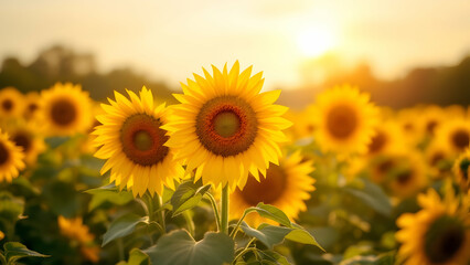 Naklejka premium Sunflowers glowing in golden sunlight symbolize nature, agriculture, and optimism.