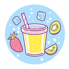 A vibrant smoothie cup icon with a straw, surrounded by fruit slices and ice cubes.
