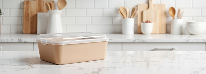 Transparent food box mockup on kitchen countertop