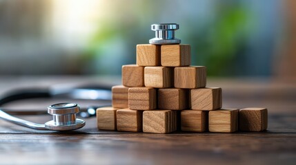 Healthcare Pyramid.  A symbolic image depicting a pyramid of wooden blocks, with a small medical symbol atop, next to a stethoscope, suggesting concepts of healthcare structure, stability, and growth.