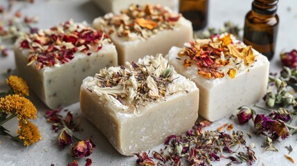 Handmade soaps with dried flowers and essential oils beside them.