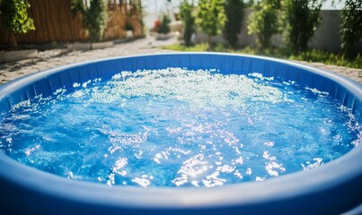 High angle view of filling the ground swimming pool with water