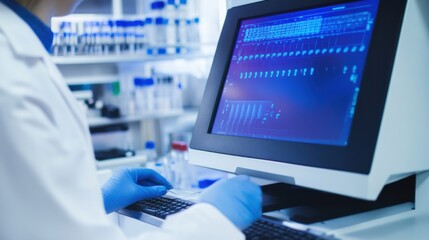 A close-up of a medical researcher working with a high-tech gene sequencer in a modern laboratory with organized equipment, High-tech style, photo of