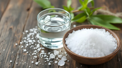 Saltwater in glass with salt bowl symbolizes natural remedies and wellness themes.