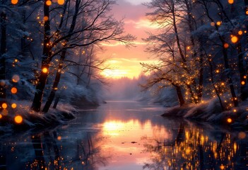 Enchanted Winter Sunset:  Snow-Covered Trees, Glowing Lights, Serene River