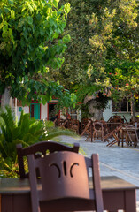 Beautiful streets and local restaurant of village Mirtos, near Ierapetra, Crete, Greece