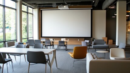 Modern Meeting Room with Large Screen Projector and Comfortable Seating