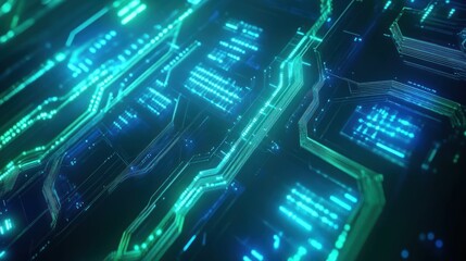 Fototapeta premium Abstract Futuristic Circuit Board: Glowing Green and Blue Digital Pathways