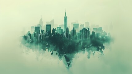 Fototapeta premium Misty Cityscape Urban Skyline Floating on Clouds, Ideal for Eco-Friendly Designs