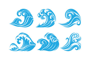 Blue waves icon, vector set, waves silhouette, ocean symbol
