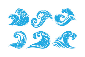 Blue waves icon, vector set, waves silhouette, ocean symbol
