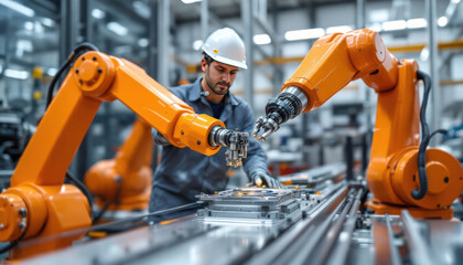 Fototapeta premium Industrial Automation: A worker collaborates with advanced robotic arms in a modern factory setting, showcasing seamless human-robot interaction in manufacturing.