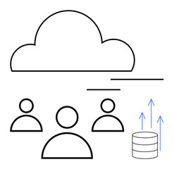 Cloud with three users and database symbolizing data sharing, cloud storage, teamwork, remote access, and digital workflows. Ideal for collaboration, business, technology, communication innovation