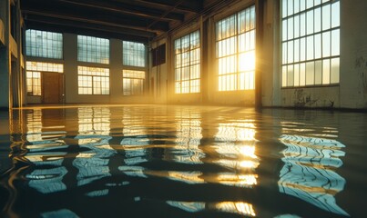 large, flooded industrial space with sunlight streaming through windows, creating warm, reflective surface on water. scene evokes sense of urgency for restoration and cleanup