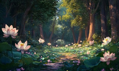 lotus flowers blooming in a serene garden surrounded by tall trees, lotus flowers, outdoor serenity