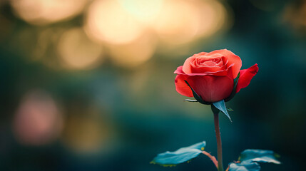 A single red rose stands tall with soft golden sunset light filtering through blurred foliage creating a warm and romantic atmosphere
