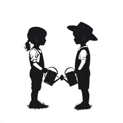 Children watering, garden silhouette, friendship, card design.