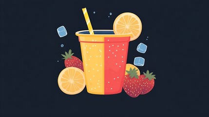 A vibrant smoothie cup icon with a straw, surrounded by fruit slices and ice cubes.