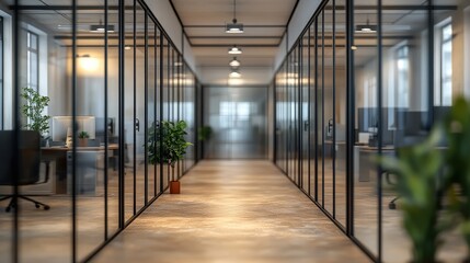 Naklejka premium Modern Office Interior with Blurred Glass Walls and Natural Light in a Spacious Hallway Leading to Workspaces