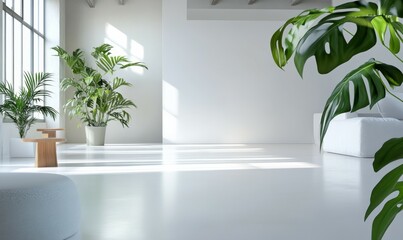 Low-angle shot of a Monstera deliciosa plant on a white floor, white floor, clean lines, low-angle shot, modern furniture, indoor plants