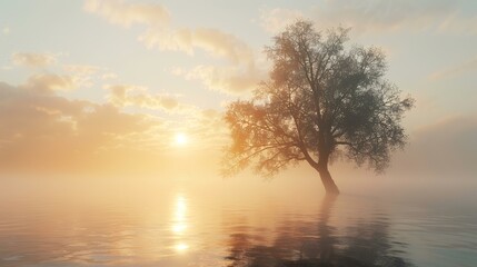 Solitary tree in foggy sunrise water, serene landscape, peaceful scene, nature photography, ideal for meditation or travel blogs
