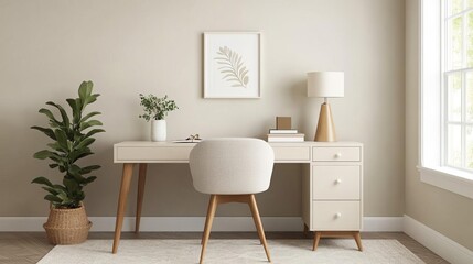 Bright and airy home office featuring warm neutrals and minimalist design