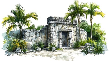 Watercolor Painting of Ancient Mayan Ruins Overgrown with Lush Tropical Foliage.
