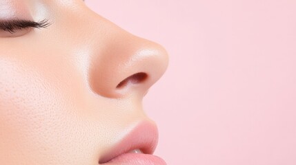 Profile of beautiful young woman breathing, showing perfect nose after rhinoplasty surgery, on pink background, concept of cosmetology and beauty