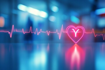 Glowing heart with pulse line over blurry medical background, representing cardiology and health tech.