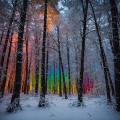 A white birch tree forest with bright, colorful leaves scattered on the snow.