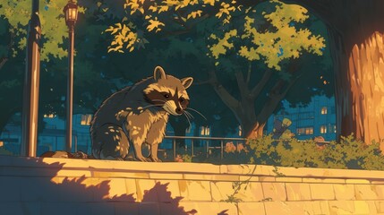 A raccoon sitting on a stone wall in a park during twilight, surrounded by lush trees and city lights