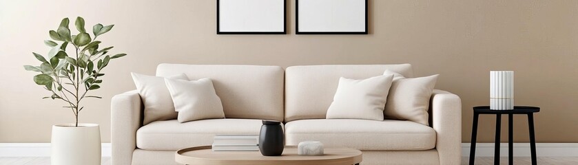 Bright living room featuring warm beige tones and clean, modern decor