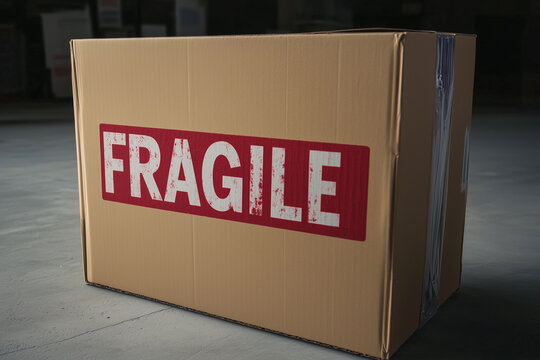 Cardboard box marked fragile on delivery dock with red lettering indicating careful handling and storage procedures