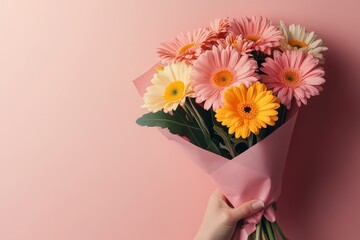 A hand holding a pink paper cone with flowers inside, on a solid background