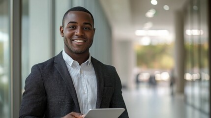 Portrait of a smiling young Black man in a business suit, holding a tablet in a modern office building.  He exudes confidence and success.