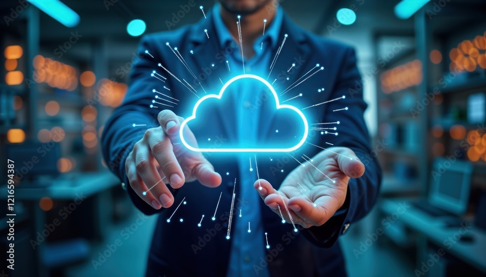 Aufkleber Man interacts futuristic holographic display. Cloud computing, network tech visualized. High-tech environment. Person holds hologram. Modern tech. Innovation concept. Artificial intelligence,