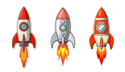 Cartoon set Rocket Ship Launching With Vibrant Colors White Transparent Background