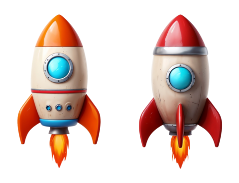 Two Cartoonish Rockets Igniting Against A Transparent White Background