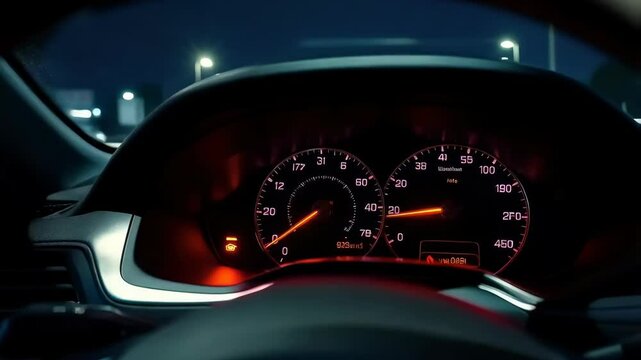 Night Drive: Illuminated Car Dashboard Speedometer and Fuel Gauge