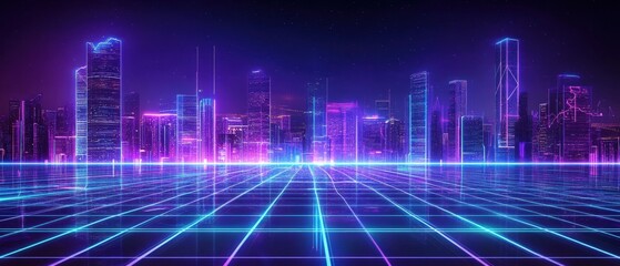 futuristic neon cityscape skyline at night with glowing grid